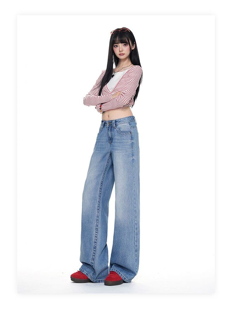 터키 데님 아메리칸 대 단추 로우 웨이스트 얼음 파란색 넓은 다리 루즈핏 스트레이트 청바지 상세 이미지 10