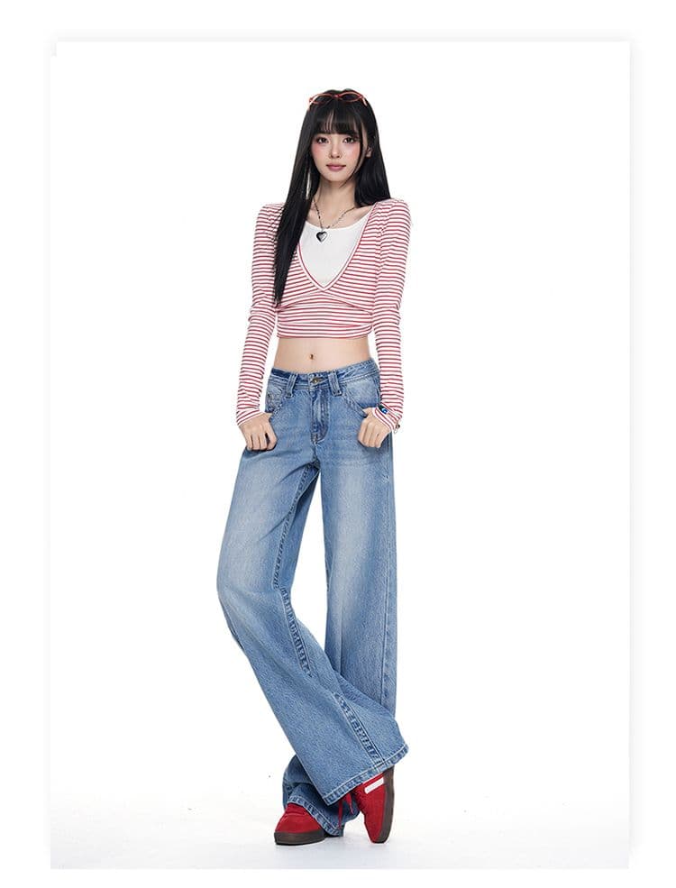 터키 데님 아메리칸 대 단추 로우 웨이스트 얼음 파란색 넓은 다리 루즈핏 스트레이트 청바지 상세 이미지 13