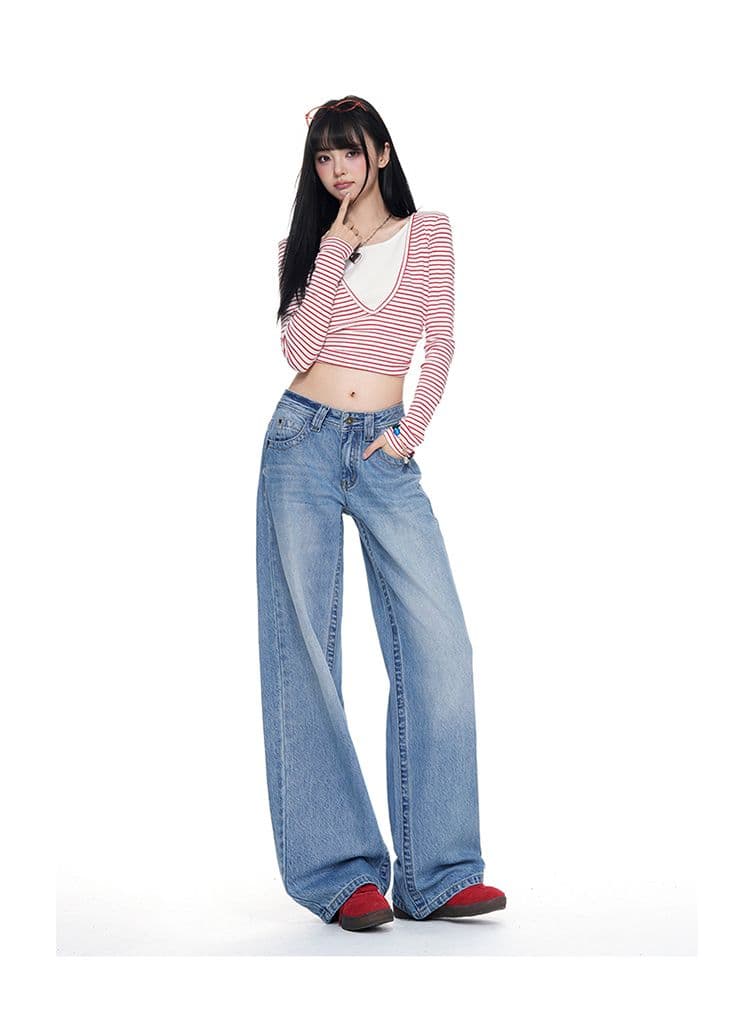 터키 데님 아메리칸 대 단추 로우 웨이스트 얼음 파란색 넓은 다리 루즈핏 스트레이트 청바지 상세 이미지 14