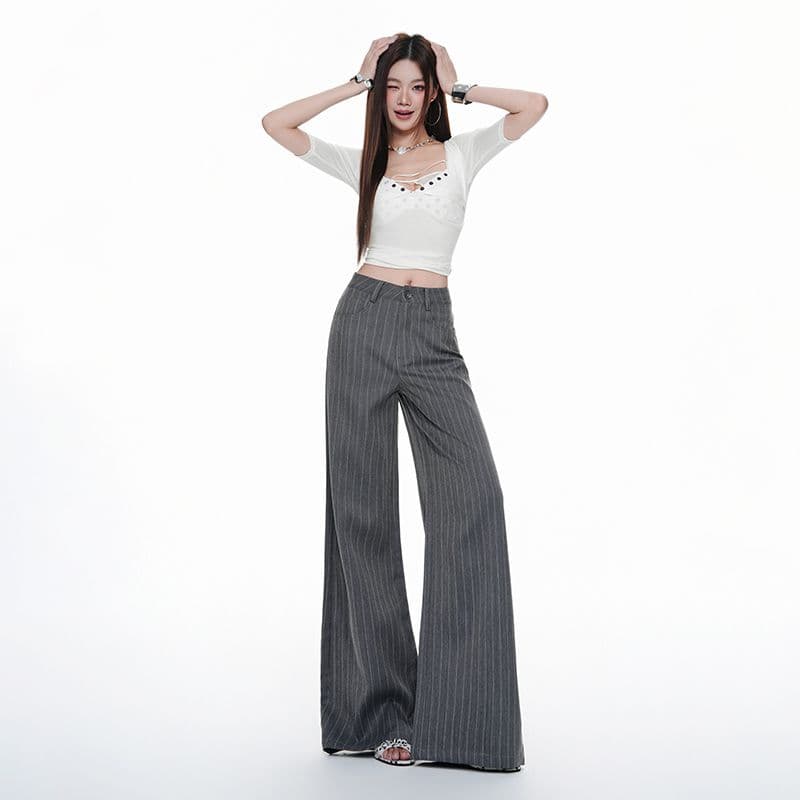 2026 레트로 스트라이프 작은 대중 디자인 센스 루즈핏 와이드 레그 팬츠 느슨함 도루 센스 오래된 돈 바람 스트레이트 슬림해 보이는 정장 바지 이미지 2