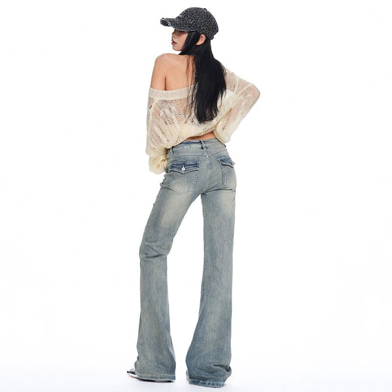 이른 가을 새로운 워싱 마 오래된 아니요 막대기 다리 부츠컷 슬림해 보이는 청바지 2026 밝은색 로우 웨이스트 파란색 신축성 바지 이미지 4