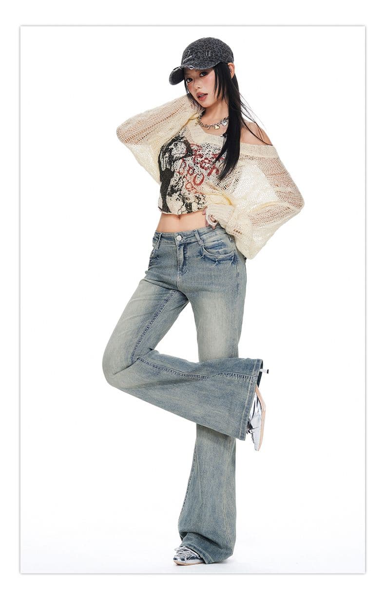 이른 가을 새로운 워싱 마 오래된 아니요 막대기 다리 부츠컷 슬림해 보이는 청바지 2026 밝은색 로우 웨이스트 파란색 신축성 바지 상세 이미지 7