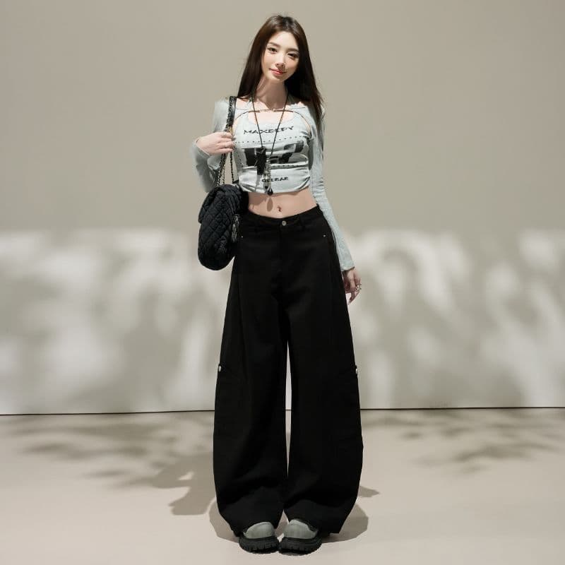 가을 새로운 복잡한 고대 돈 바람 하이웨이스트 슬림해 보이는 워크웨어 캐주얼 바지 여성 루즈핏 스트레이트 넓은 다리 모통이 칼 바지 이미지 2
