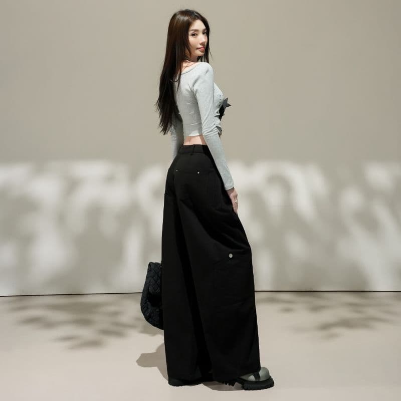 가을 새로운 복잡한 고대 돈 바람 하이웨이스트 슬림해 보이는 워크웨어 캐주얼 바지 여성 루즈핏 스트레이트 넓은 다리 모통이 칼 바지 이미지 4
