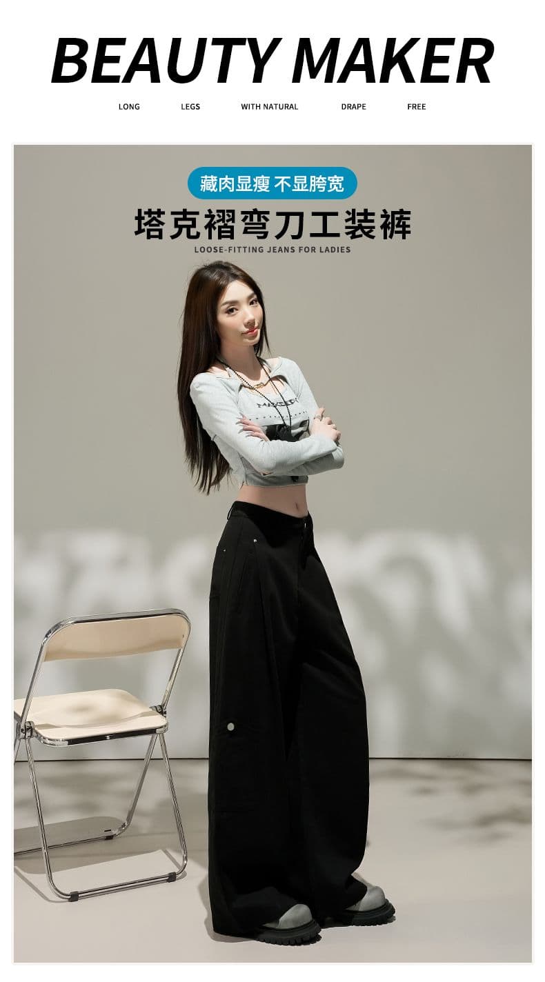 가을 새로운 복잡한 고대 돈 바람 하이웨이스트 슬림해 보이는 워크웨어 캐주얼 바지 여성 루즈핏 스트레이트 넓은 다리 모통이 칼 바지 상세 이미지 1
