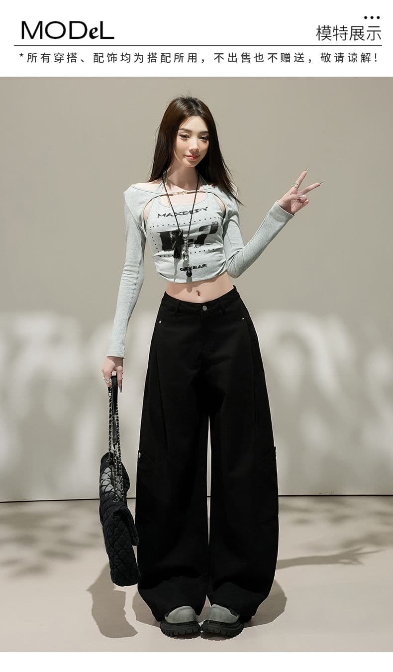 가을 새로운 복잡한 고대 돈 바람 하이웨이스트 슬림해 보이는 워크웨어 캐주얼 바지 여성 루즈핏 스트레이트 넓은 다리 모통이 칼 바지 상세 이미지 10