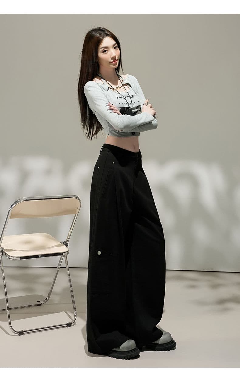가을 새로운 복잡한 고대 돈 바람 하이웨이스트 슬림해 보이는 워크웨어 캐주얼 바지 여성 루즈핏 스트레이트 넓은 다리 모통이 칼 바지 상세 이미지 11