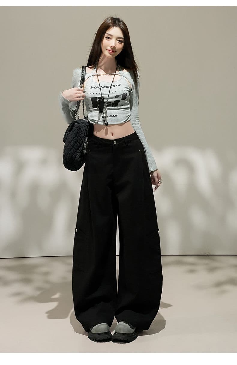 가을 새로운 복잡한 고대 돈 바람 하이웨이스트 슬림해 보이는 워크웨어 캐주얼 바지 여성 루즈핏 스트레이트 넓은 다리 모통이 칼 바지 상세 이미지 13