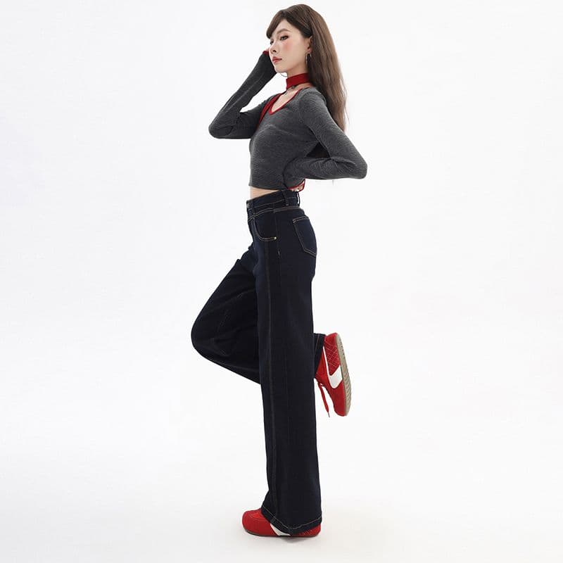 가을 겨울 일반 섹션 클래식 섹션 진한 파란색 몸매 가꾸기 슬림해 보이는 신축성 스트레이트 팬츠 데이터 섹션 2026 가을 겨울 이미지 4