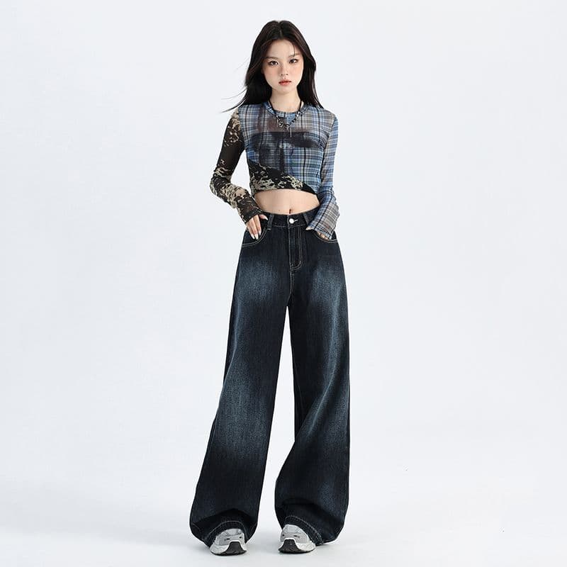 가을 아메리칸 레트로 어두운 색 넓은 다리 스트레이트 청바지 여성 2026 년 새로운 느긋한 루즈핏 바닥 청소 바지 이미지 4