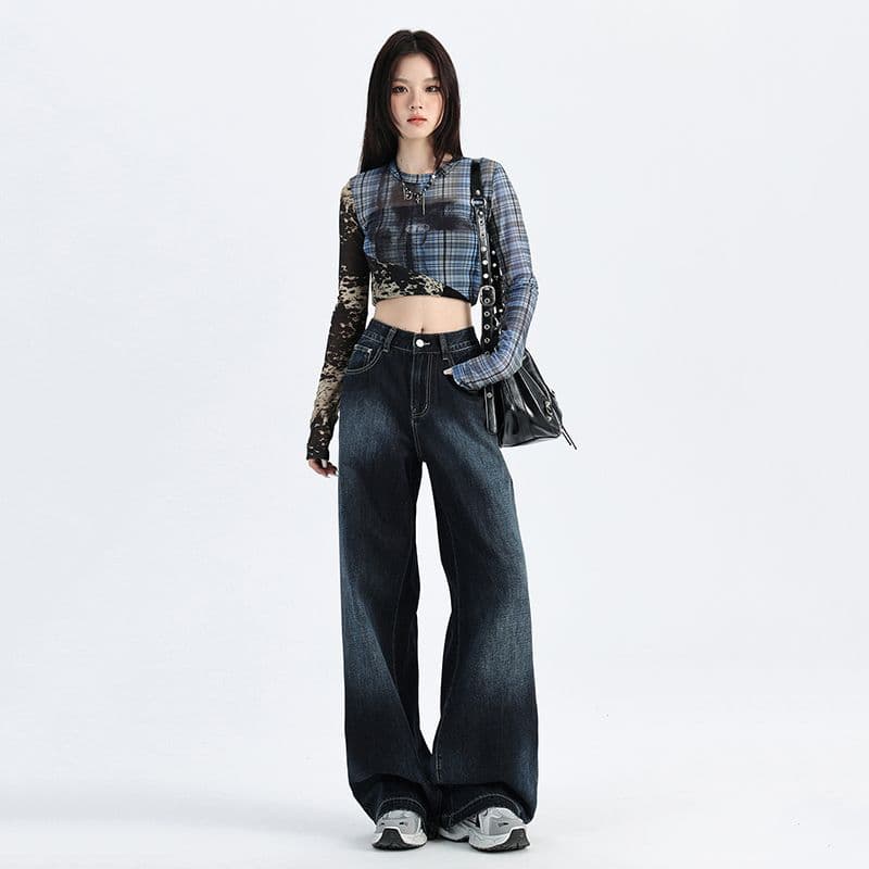 가을 아메리칸 레트로 어두운 색 넓은 다리 스트레이트 청바지 여성 2026 년 새로운 느긋한 루즈핏 바닥 청소 바지 이미지 6