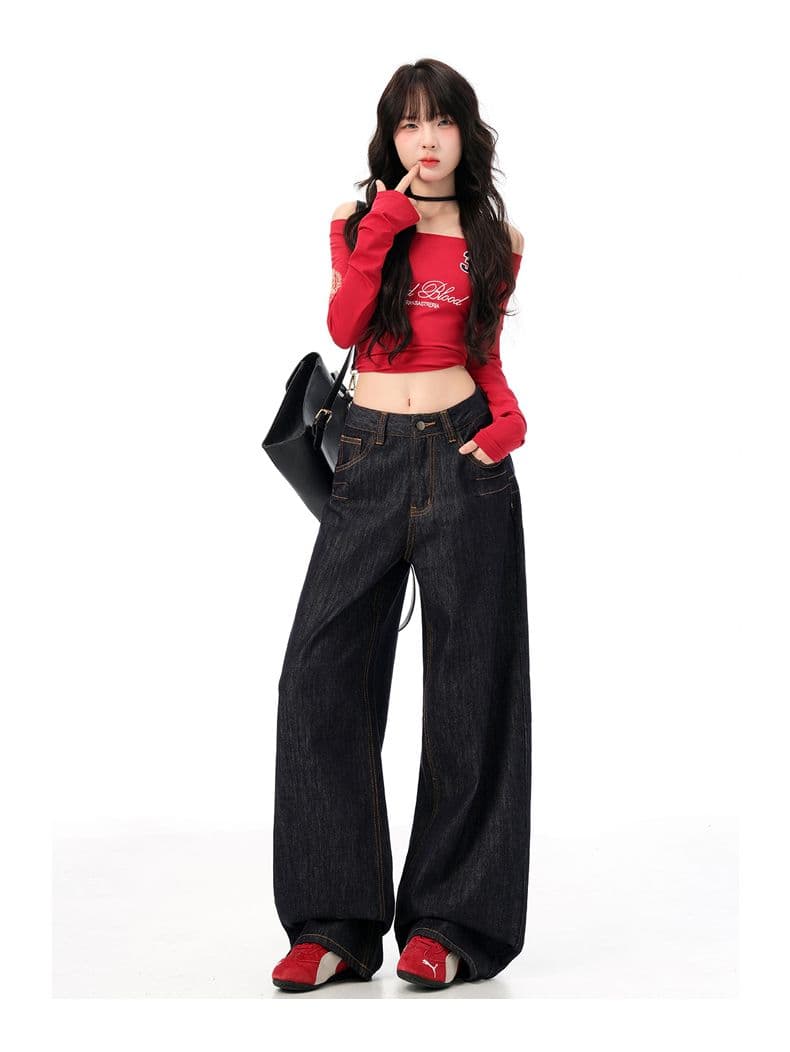 가을 단 닝 색상 아메리칸 레트로 워싱 루즈핏 스트레이트 청바지 여성 자수 도루 센스 와이드 레그 팬츠 어린이 상세 이미지 19