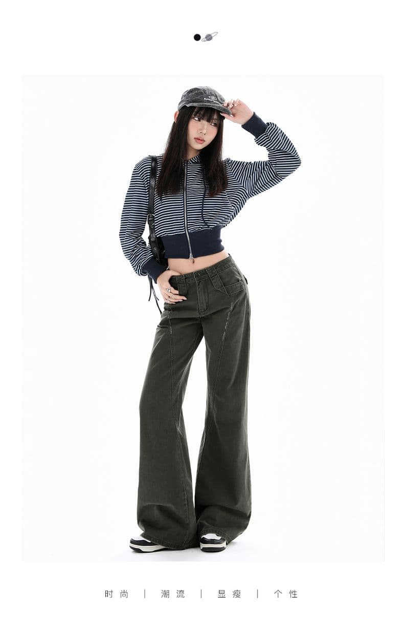 아메리칸 레트로 부츠컷 주머니 워크웨어 청바지 가을 새로운 하이웨이스트 루즈핏 넓은 다리 바닥 청소 바지 여성 상세 이미지 2