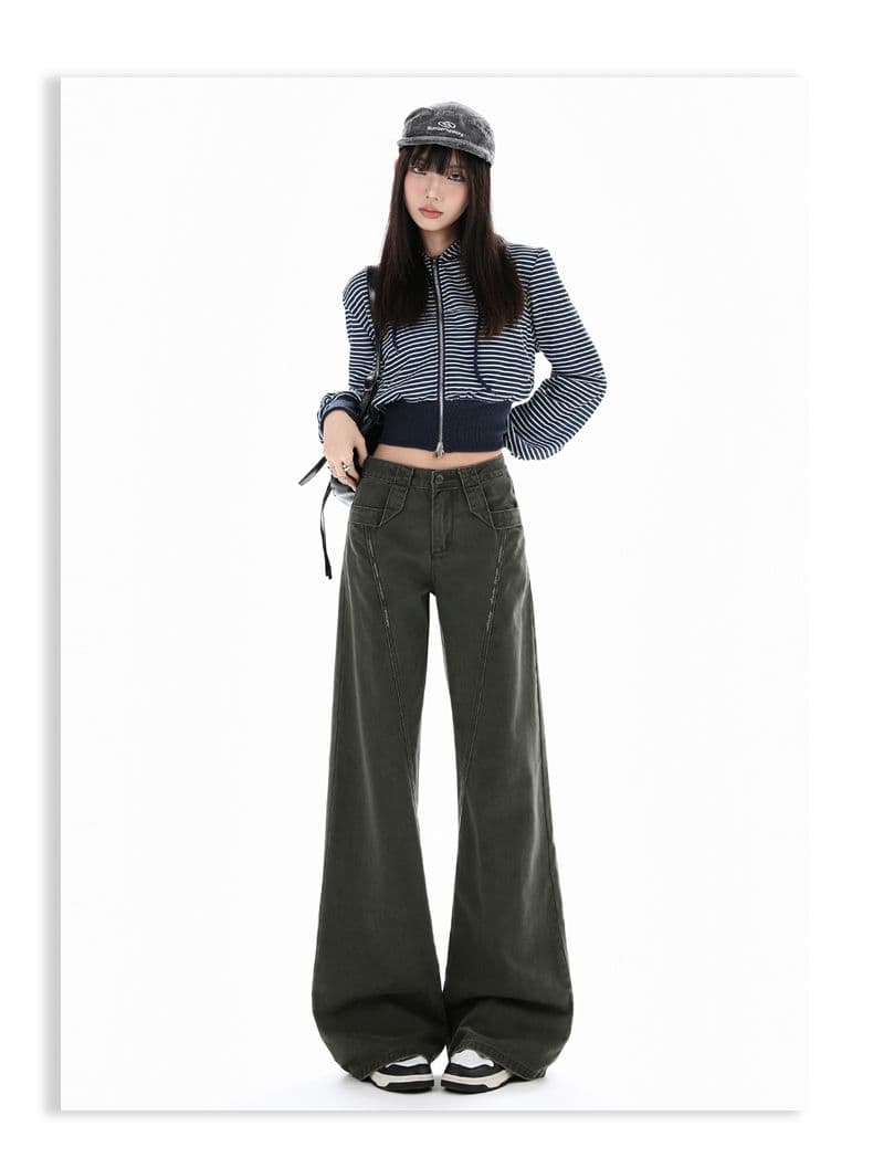 아메리칸 레트로 부츠컷 주머니 워크웨어 청바지 가을 새로운 하이웨이스트 루즈핏 넓은 다리 바닥 청소 바지 여성 상세 이미지 7