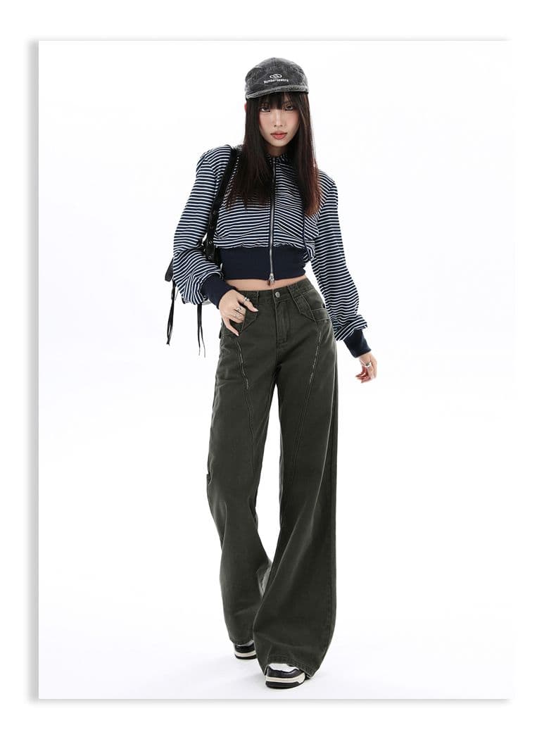 아메리칸 레트로 부츠컷 주머니 워크웨어 청바지 가을 새로운 하이웨이스트 루즈핏 넓은 다리 바닥 청소 바지 여성 상세 이미지 16