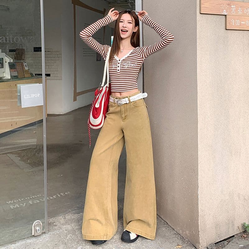 새로운 아메리칸 홀치기 염색 바지 아이들 튜브 라 하이웨이스트 캐주얼 바지 여성 가을 루즈핏 넓은 다리 나팔 청바지 이미지 5
