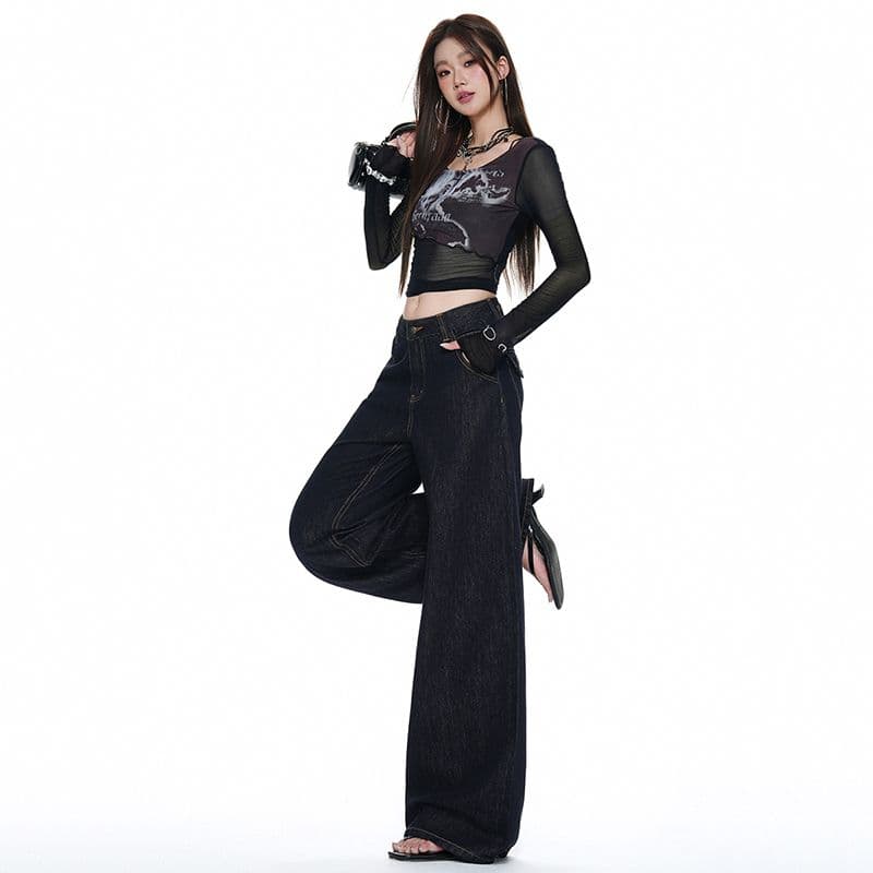 새로운 아메리칸 레트로 루즈핏 넓은 다리 타닌 바지 등 허리 수 있습니다. 조정 버클 디자인 원색 가을 청바지 여성 이미지 4