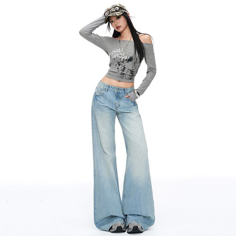 이른 가을 하늘색 청바지 여성 디자인 센스 루즈핏 로우 웨이스트 루즈핏 나팔 바지 다용도 새로운 와이드 레그 팬츠 어린이 이미지 2