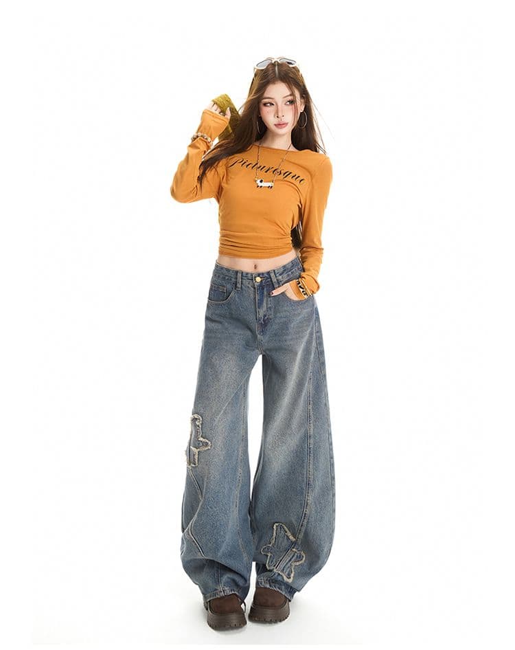 아메리칸 마 오래된 별 천 막대기 디자인 클래식 루즈핏 슬림해 보이는 넓은 다리 스트레이트 트렌드 청바지 상세 이미지 9