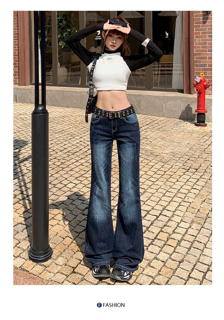 아메리칸 레트로 블루 회색 신축성 부츠컷 청바지 여성 핫걸 로우 웨이스트 몸매 가꾸기 슬림해 보이는 호스 슈 바지 상세 이미지 9