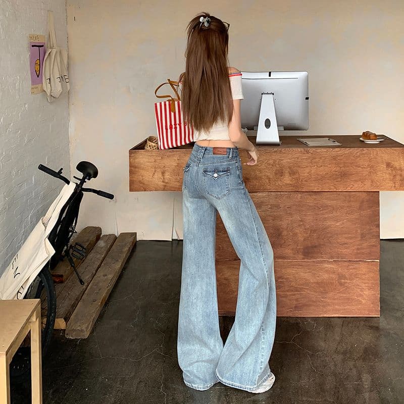 노스탤지어 블루 워싱 마이크로 나팔 청바지 여성 새로운 아메리칸 아니요 막대기 다리 몸매 가꾸기 신축성 바지 이미지 3