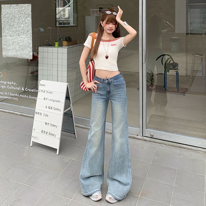 노스탤지어 블루 워싱 마이크로 나팔 청바지 여성 새로운 아메리칸 아니요 막대기 다리 몸매 가꾸기 신축성 바지 이미지 2