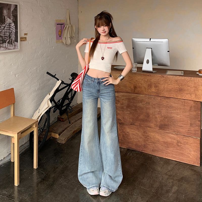 노스탤지어 블루 워싱 마이크로 나팔 청바지 여성 새로운 아메리칸 아니요 막대기 다리 몸매 가꾸기 신축성 바지 이미지 4