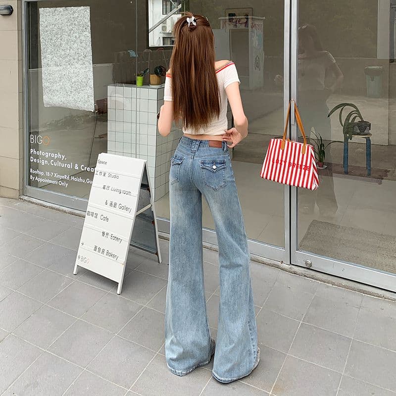 노스탤지어 블루 워싱 마이크로 나팔 청바지 여성 새로운 아메리칸 아니요 막대기 다리 몸매 가꾸기 신축성 바지 이미지 5