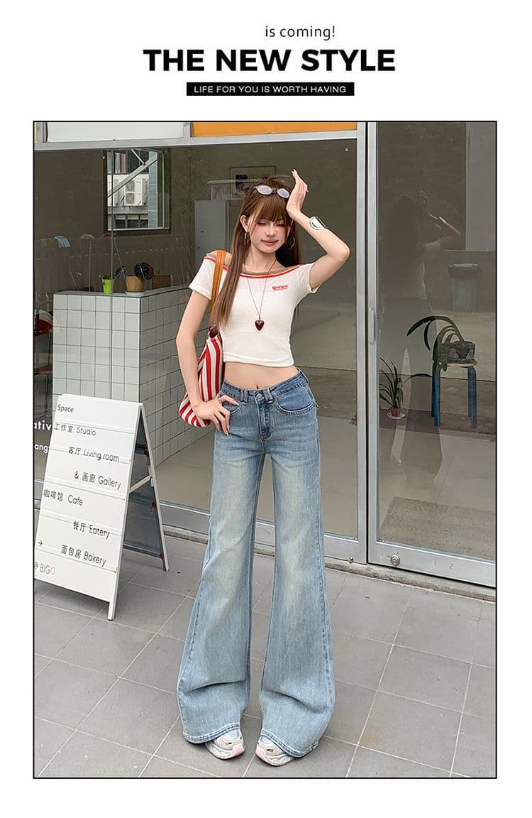 노스탤지어 블루 워싱 마이크로 나팔 청바지 여성 새로운 아메리칸 아니요 막대기 다리 몸매 가꾸기 신축성 바지 상세 이미지 2