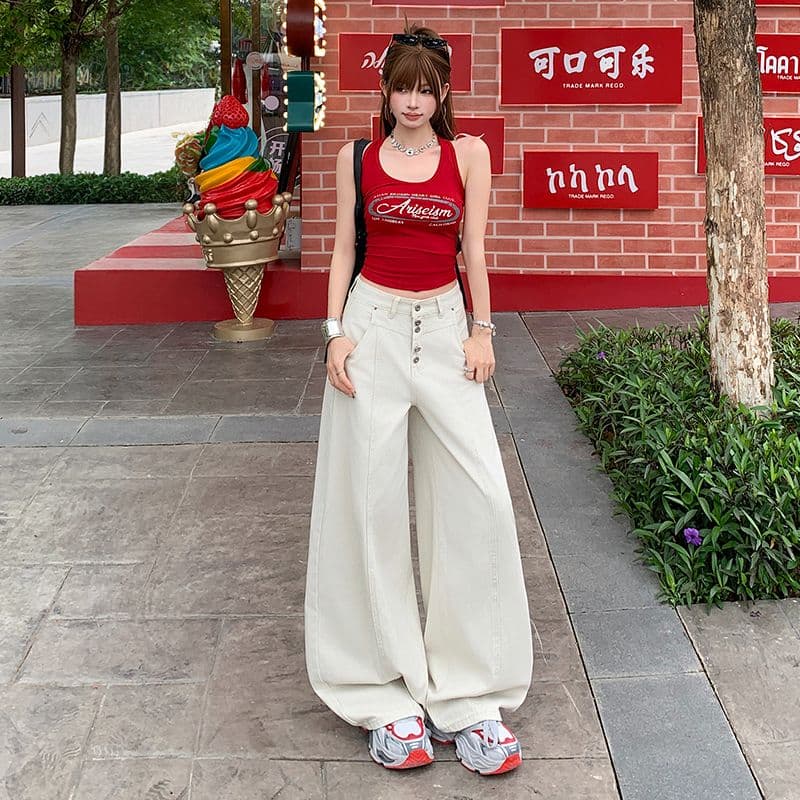 칙칙한 흰색 아메리칸 레트로 싱글 줄 버튼 청바지 여성 새로운 루즈핏 다용도 넓은 다리 길이 바지 이미지 4