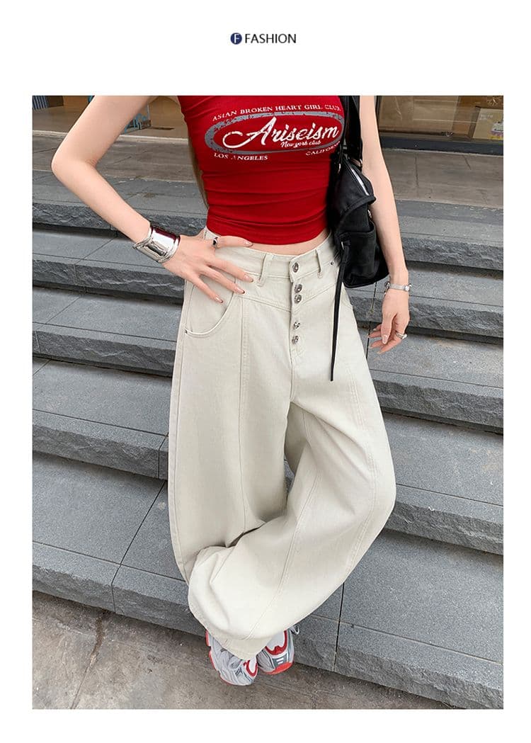 칙칙한 흰색 아메리칸 레트로 싱글 줄 버튼 청바지 여성 새로운 루즈핏 다용도 넓은 다리 길이 바지 상세 이미지 19