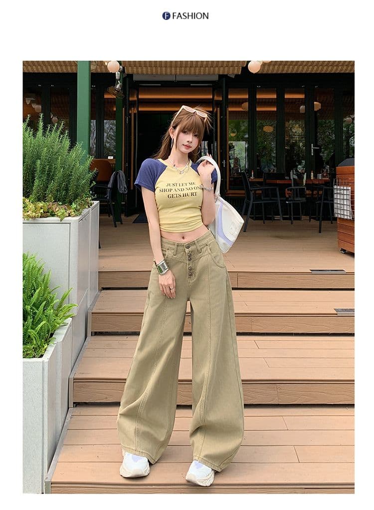 칙칙한 흰색 아메리칸 레트로 싱글 줄 버튼 청바지 여성 새로운 루즈핏 다용도 넓은 다리 길이 바지 상세 이미지 27