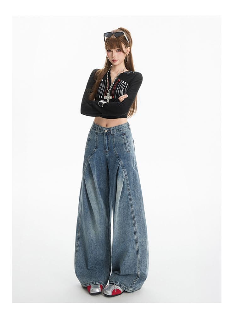 아메리칸 레트로 주름 청바지 여성 높음 거리 스트레이트 와이드 레그 팬츠 루즈핏 해체 롱 바지 상세 이미지 10