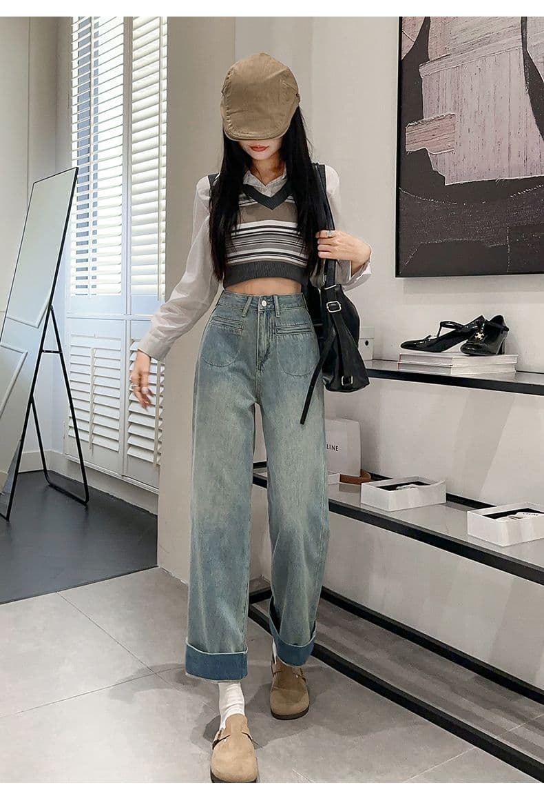 얇은 스타일 한 바람 하이웨이스트 스트레이트 주머니 디자인 루즈핏 넓은 다리 청바지 두 착용 법 상세 이미지 27