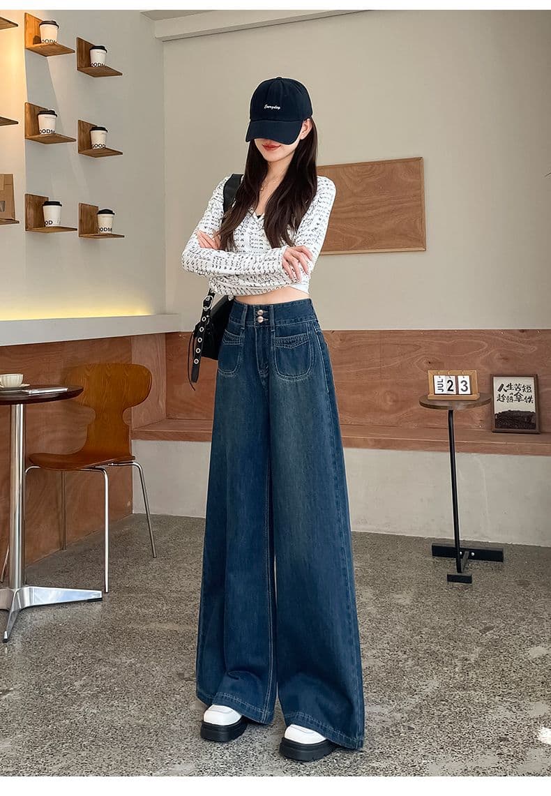 레트로 하이웨이스트 넓은 다리 청바지 여성 2024 년 가을 새로운 이중 버튼 바닥 청소 바지 상세 이미지 15