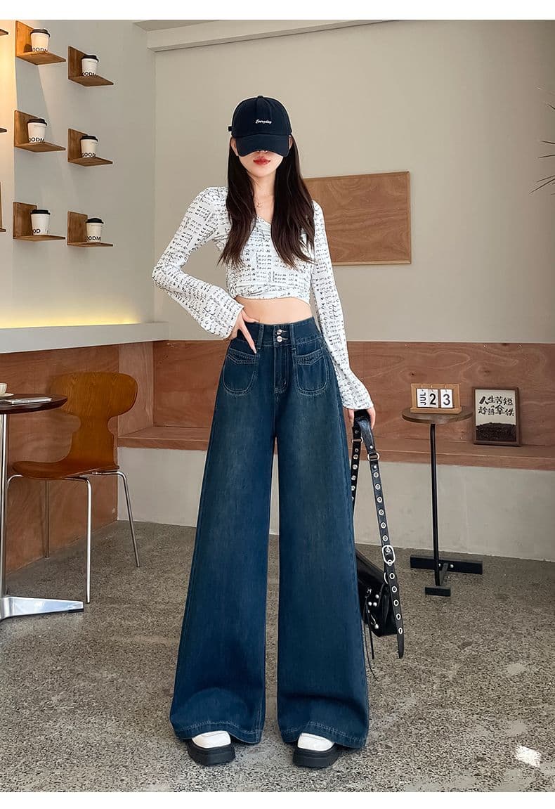 레트로 하이웨이스트 넓은 다리 청바지 여성 2024 년 가을 새로운 이중 버튼 바닥 청소 바지 상세 이미지 16