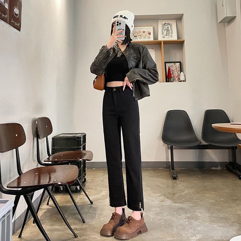 다리 바지 트임 담배 파이프 바지 여성 순수한 검정색 신축성 청바지 봄 가을 새로운 작은 키 스트레이트 팬츠 이미지 3
