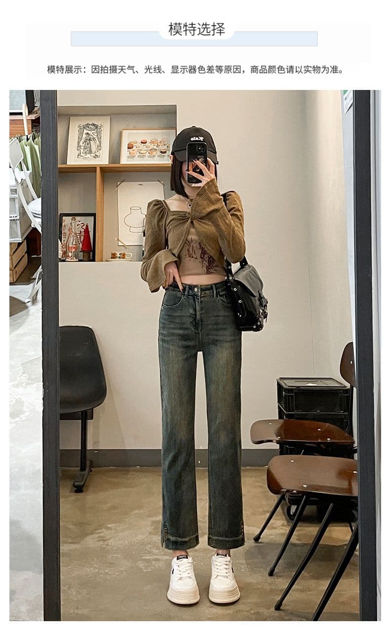 다리 바지 트임 담배 파이프 바지 여성 순수한 검정색 신축성 청바지 봄 가을 새로운 작은 키 스트레이트 팬츠 상세 이미지 11