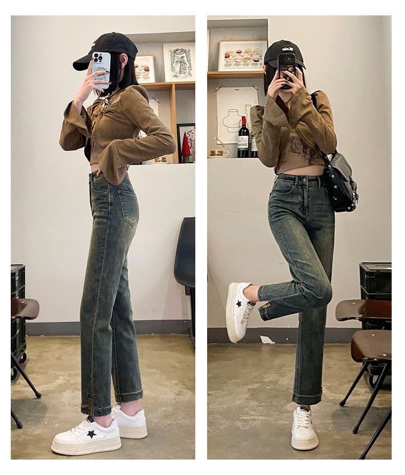다리 바지 트임 담배 파이프 바지 여성 순수한 검정색 신축성 청바지 봄 가을 새로운 작은 키 스트레이트 팬츠 상세 이미지 13