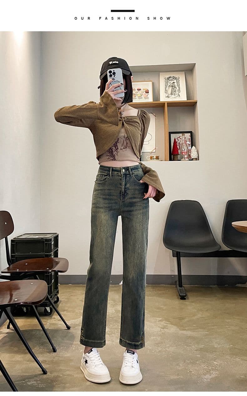 다리 바지 트임 담배 파이프 바지 여성 순수한 검정색 신축성 청바지 봄 가을 새로운 작은 키 스트레이트 팬츠 상세 이미지 17
