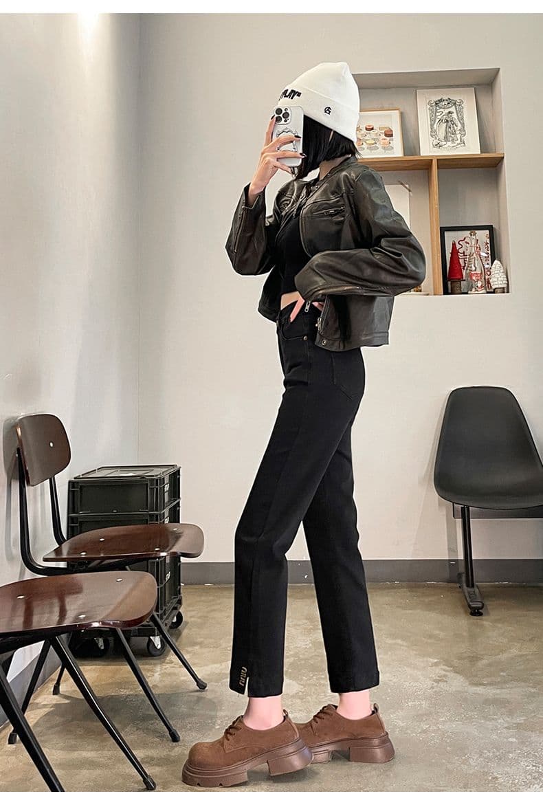 다리 바지 트임 담배 파이프 바지 여성 순수한 검정색 신축성 청바지 봄 가을 새로운 작은 키 스트레이트 팬츠 상세 이미지 24