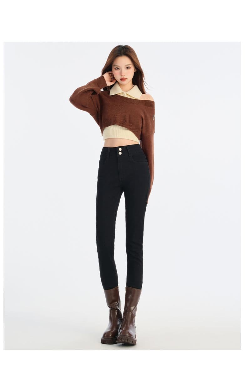 노스탤지어 블루 데님 작은 발 바지 여성 2026 가을 더블 버클 거친 가장자리 하이웨이스트 슬림해 보이는 타이트 신축성 스키니진 상세 이미지 27