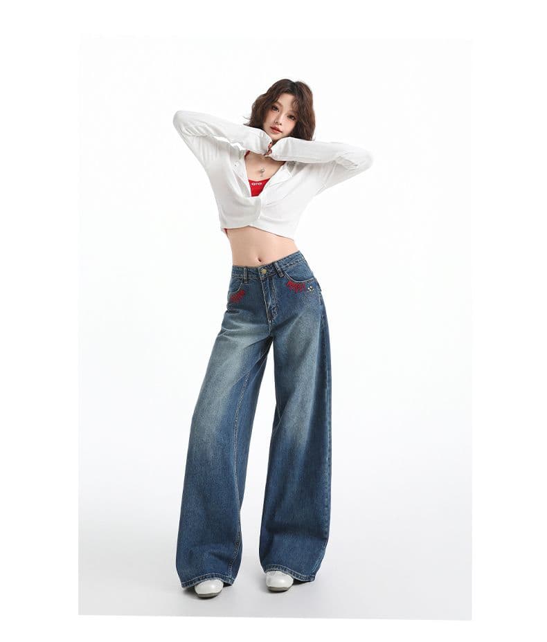새로운 아메리칸 레트로 뜨거운 못 핫픽스 무거운 작업 워싱 루즈핏 다용도 슬림해 보이는 넓은 다리 바닥 청소 청바지 여성 상세 이미지 11
