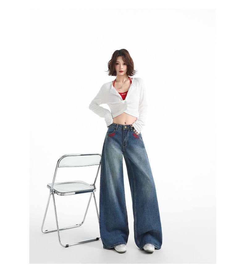 새로운 아메리칸 레트로 뜨거운 못 핫픽스 무거운 작업 워싱 루즈핏 다용도 슬림해 보이는 넓은 다리 바닥 청소 청바지 여성 상세 이미지 14