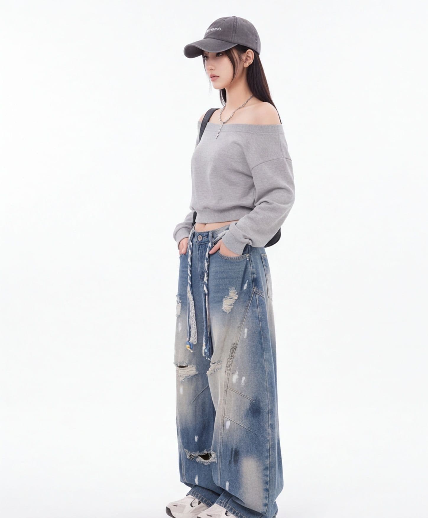 아메리칸 레트로 마 오래된 먹물 디자인 모통이 칼 청바지 여성 루즈핏 스트레이트 넓은 다리 캐주얼 바닥 청소 롱 바지 이미지 2