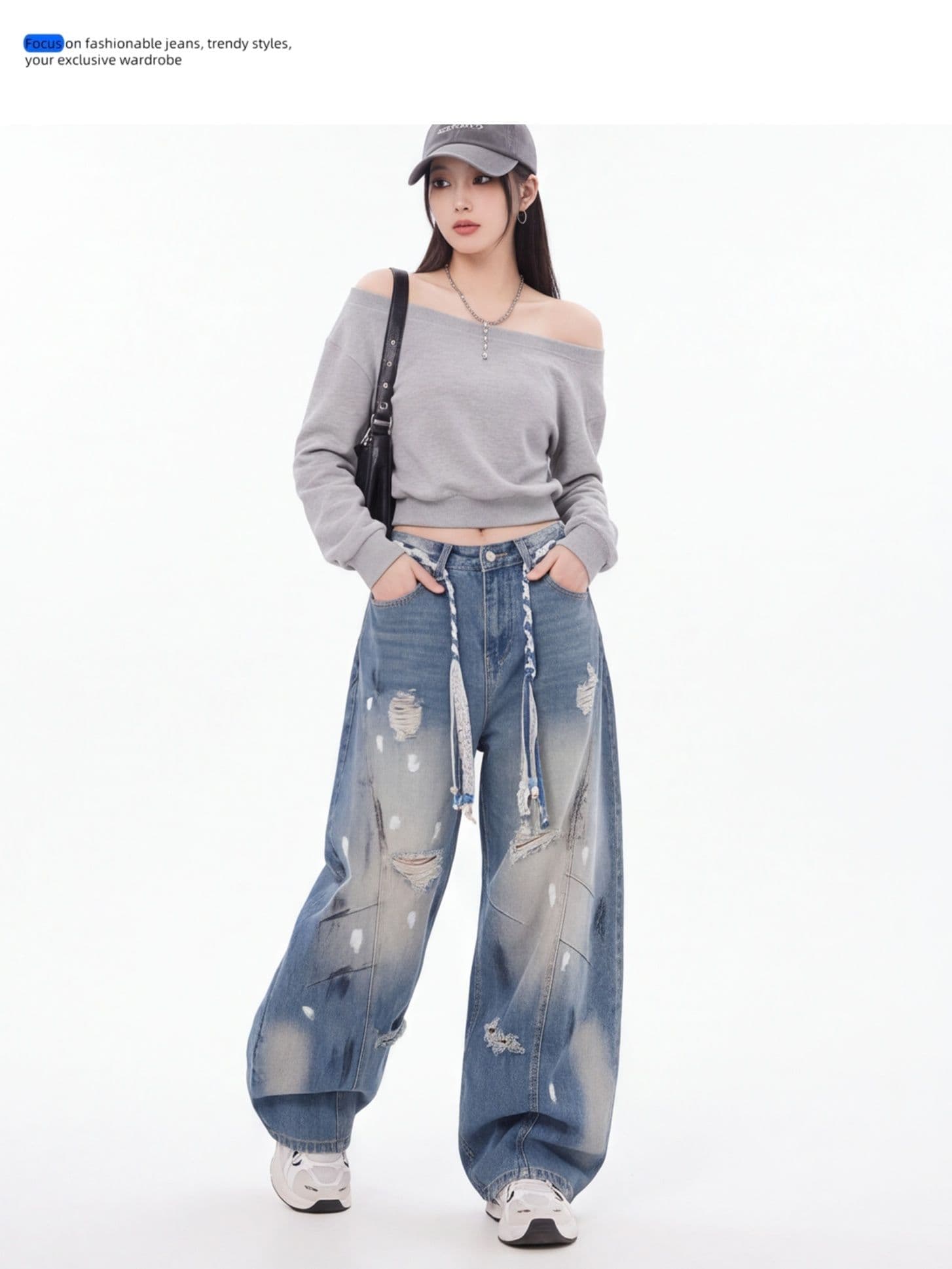 아메리칸 레트로 마 오래된 먹물 디자인 모통이 칼 청바지 여성 루즈핏 스트레이트 넓은 다리 캐주얼 바닥 청소 롱 바지 상세 이미지 6