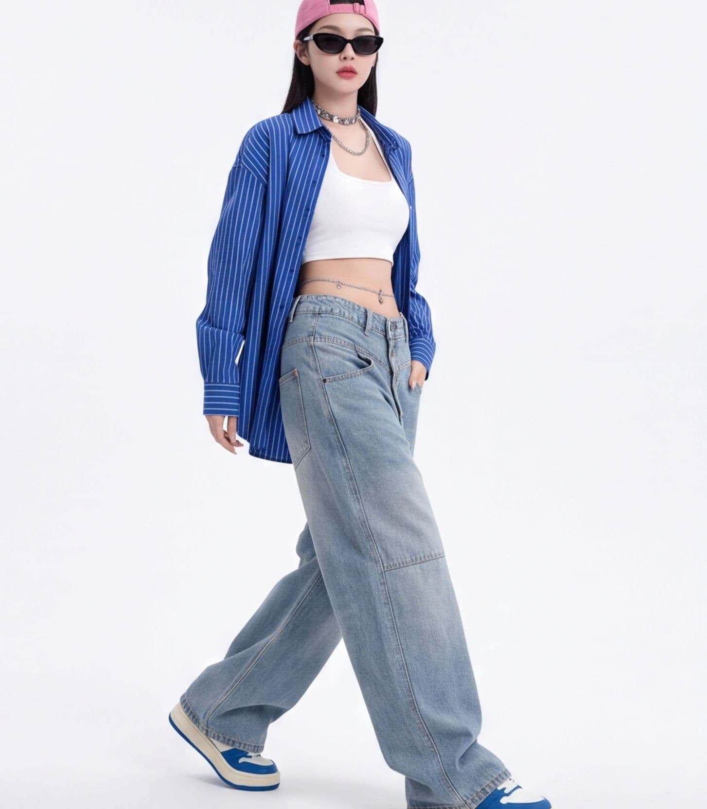 가을 의상 해체 비스듬한 단추 모통이 칼 청바지 여성 와이드 레그 팬츠 개성 잘못된 게재 위치 허리 머리 루즈핏 바나나 워크웨어 긴 바지 이미지 3