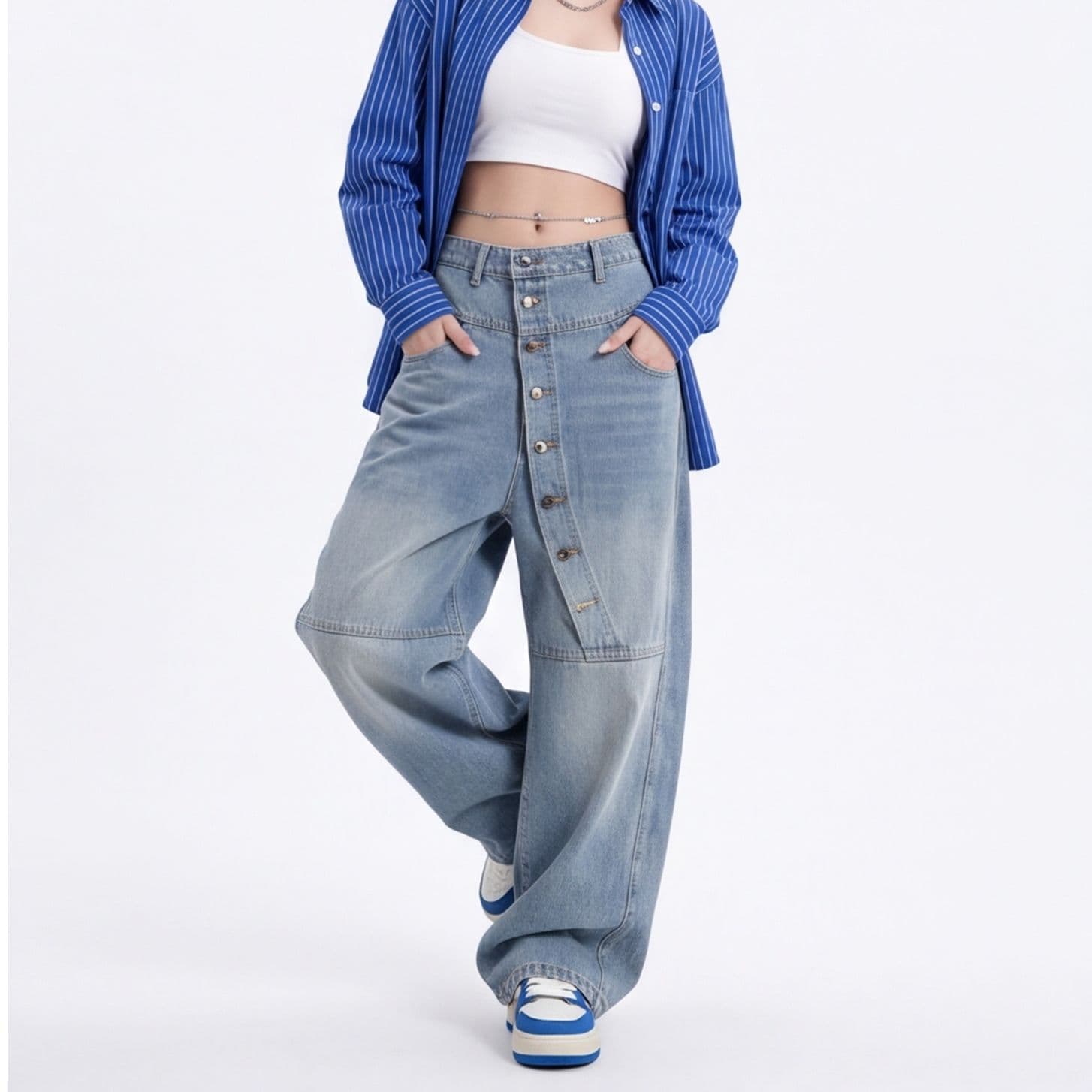 가을 의상 해체 비스듬한 단추 모통이 칼 청바지 여성 와이드 레그 팬츠 개성 잘못된 게재 위치 허리 머리 루즈핏 바나나 워크웨어 긴 바지 이미지 4