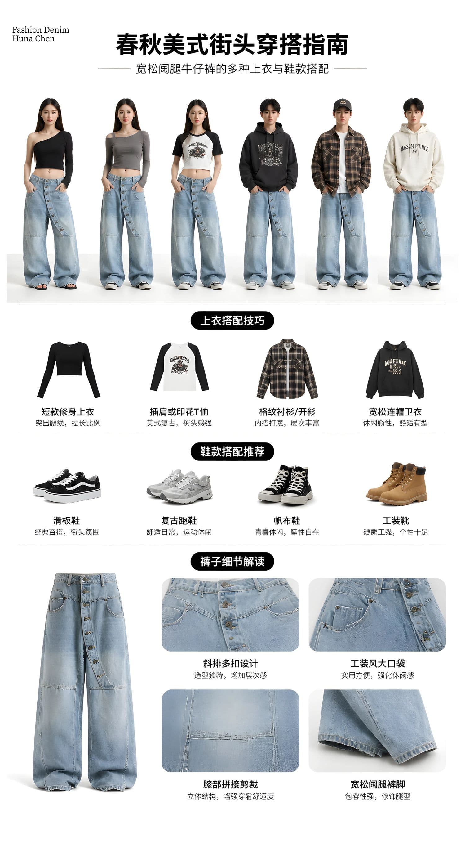 가을 의상 해체 비스듬한 단추 모통이 칼 청바지 여성 와이드 레그 팬츠 개성 잘못된 게재 위치 허리 머리 루즈핏 바나나 워크웨어 긴 바지 상세 이미지 1