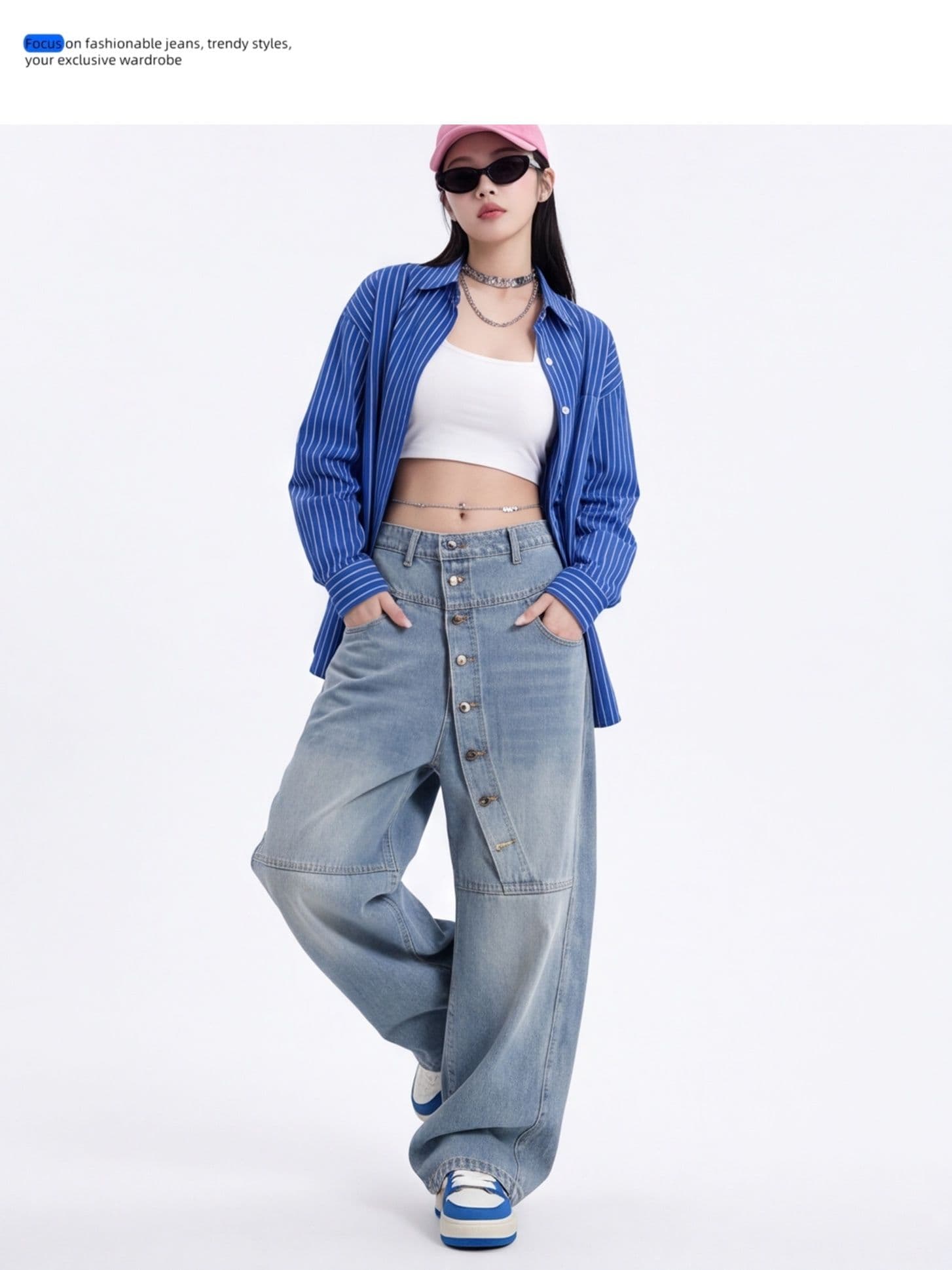 가을 의상 해체 비스듬한 단추 모통이 칼 청바지 여성 와이드 레그 팬츠 개성 잘못된 게재 위치 허리 머리 루즈핏 바나나 워크웨어 긴 바지 상세 이미지 7